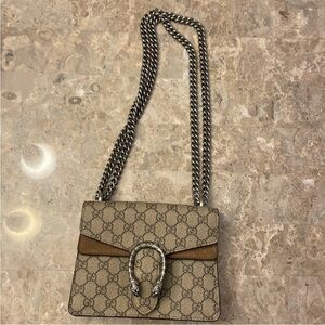 Gucci Tan and Brown Shoulder Bag with Silver Chain